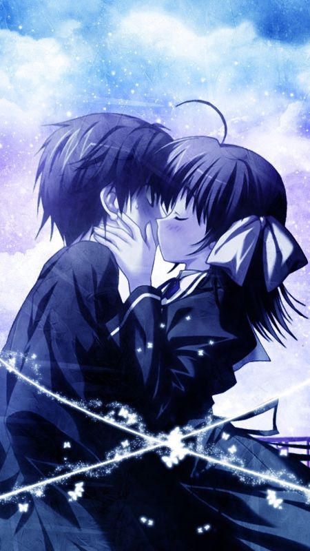 Couple Cartoon - Blue Theme - Romantic Anime Wallpaper