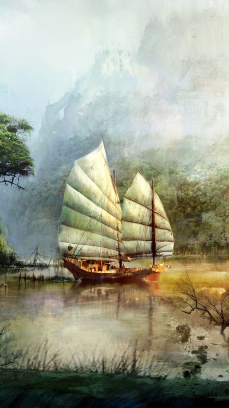 Ship in Water Art Wallpaper